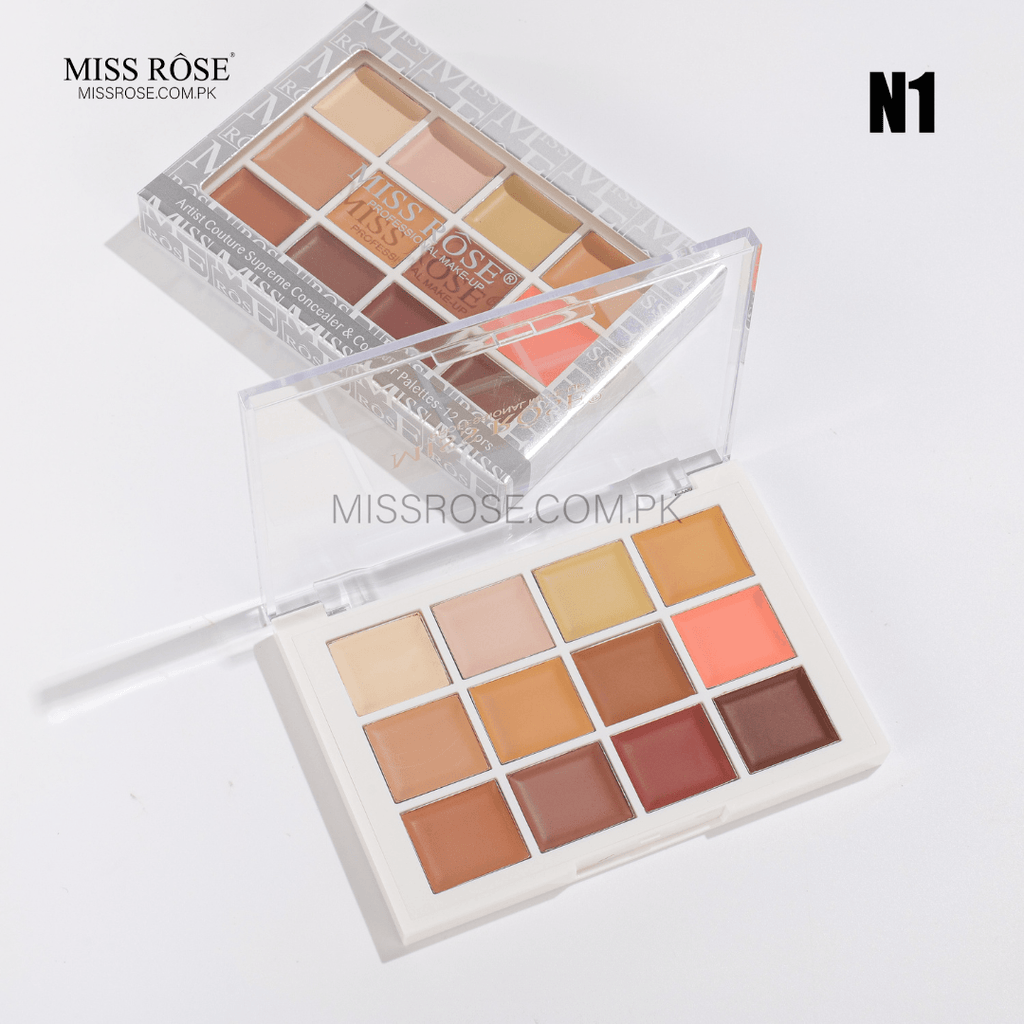 Miss Rose Artist Concealer & Contour Palette with 12 cream shades in a white compact, includes skin-tone and color correctors for face makeup.